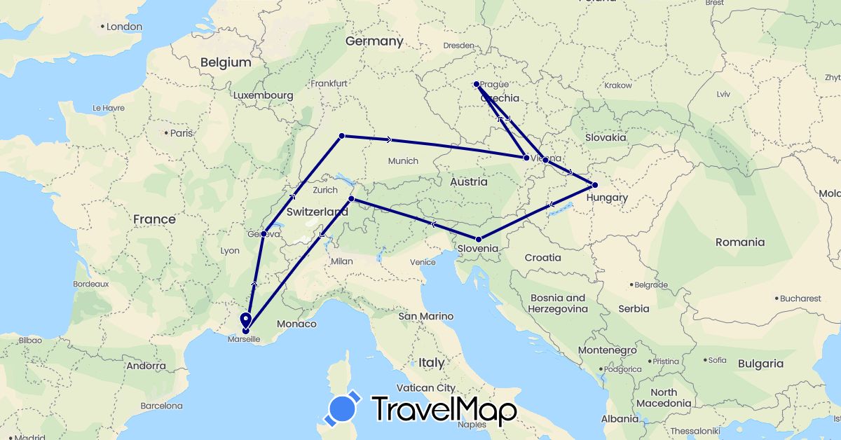 TravelMap itinerary: driving in Austria, Switzerland, Czech Republic, Germany, France, Hungary, Liechtenstein, Slovenia, Slovakia (Europe)